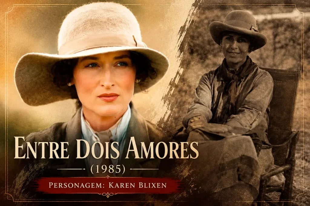 Meryl Streep como Karen Blixen em arte vintage inspirada no filme Entre Dois Amores (1985).