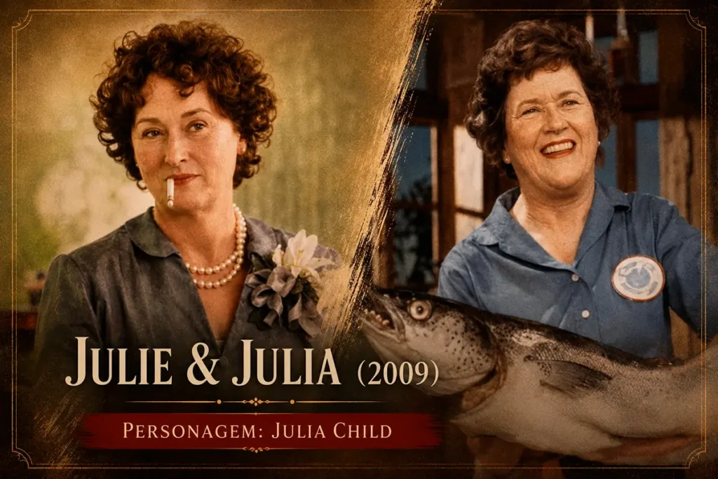 Meryl Streep como Julia Child em arte vintage inspirada no filme Julie & Julia (2009).