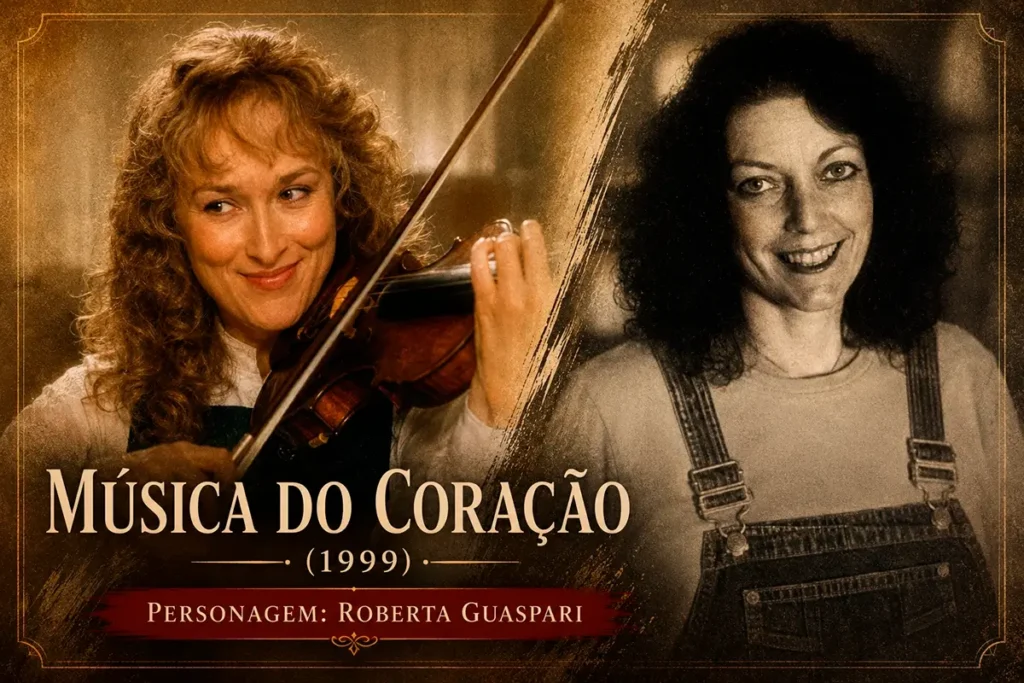 Meryl Streep como Roberta Guaspari em arte vintage inspirada no filme Música do Coração (1999).