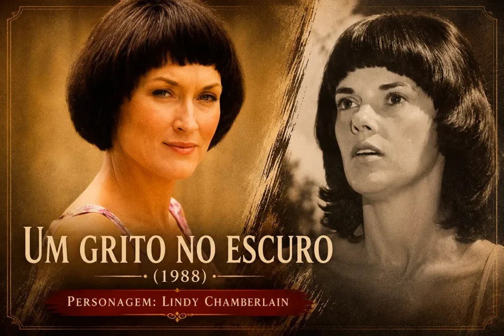 Meryl Streep como Lindy Chamberlain em arte cinematográfica inspirada no filme Um Grito no Escuro (1988).