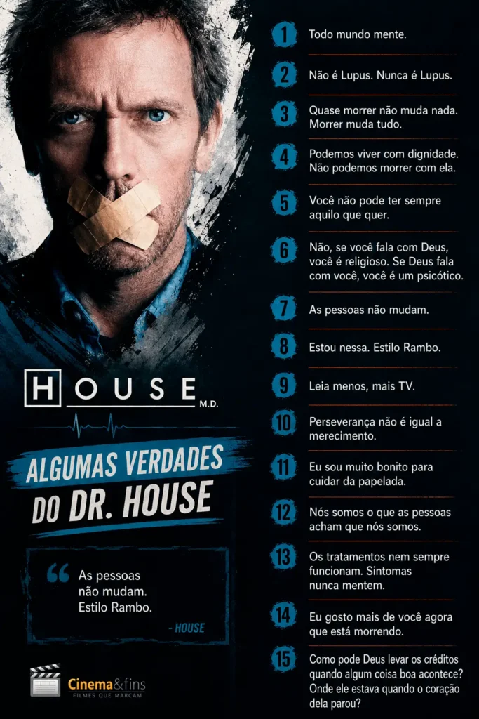Arte inspirada na série House M.D. com retrato dramático do Dr. House e lista de frases marcantes do personagem em layout moderno nas cores azul e preto.