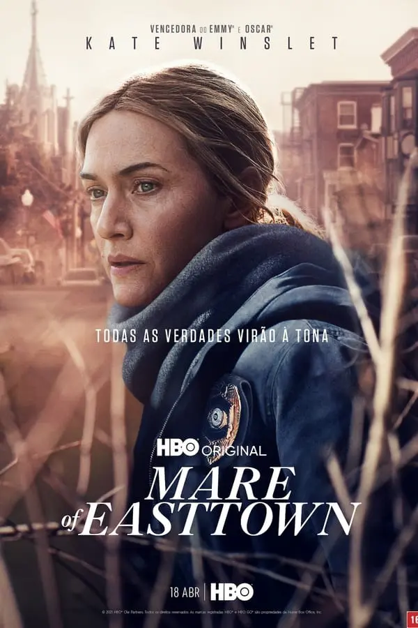 Pôster oficial de Mare of Easttown com Kate Winslet como detetive Mare Sheehan da HBO