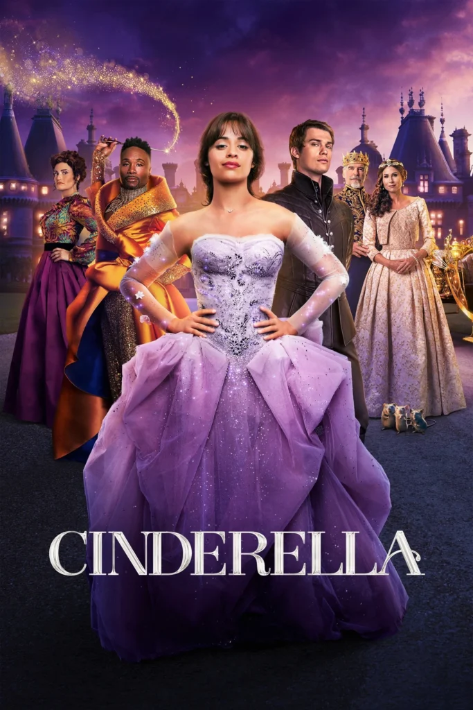 Elenco reunido no novo pôster de Cinderela (2021), com Camila Cabello ao centro, rodeada pelos personagens principais diante de um castelo iluminado.