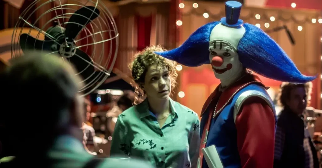Leandra Leal em cena do filme Bingo: O Rei das Manhãs ao lado do personagem Bingo