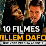 Arte promocional com Willem Dafoe em quatro de seus papéis mais marcantes no cinema, destacando a lista dos 10 melhores filmes do ator.