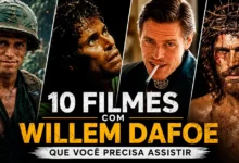 Arte promocional com Willem Dafoe em quatro de seus papéis mais marcantes no cinema, destacando a lista dos 10 melhores filmes do ator.