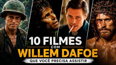 Arte promocional com Willem Dafoe em quatro de seus papéis mais marcantes no cinema, destacando a lista dos 10 melhores filmes do ator.