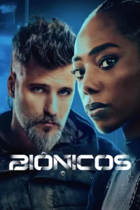 Pôster do filme Biônicos com Bruno Gagliasso e Jessica Córes em destaque sobre fundo azul futurista