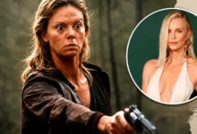 Charlize Theron em montagem editorial comparando sua transformação física em Monster: Desejo Assassino com aparição glamourosa no tapete vermelho.