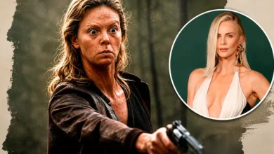 Charlize Theron em montagem editorial comparando sua transformação física em Monster: Desejo Assassino com aparição glamourosa no tapete vermelho.