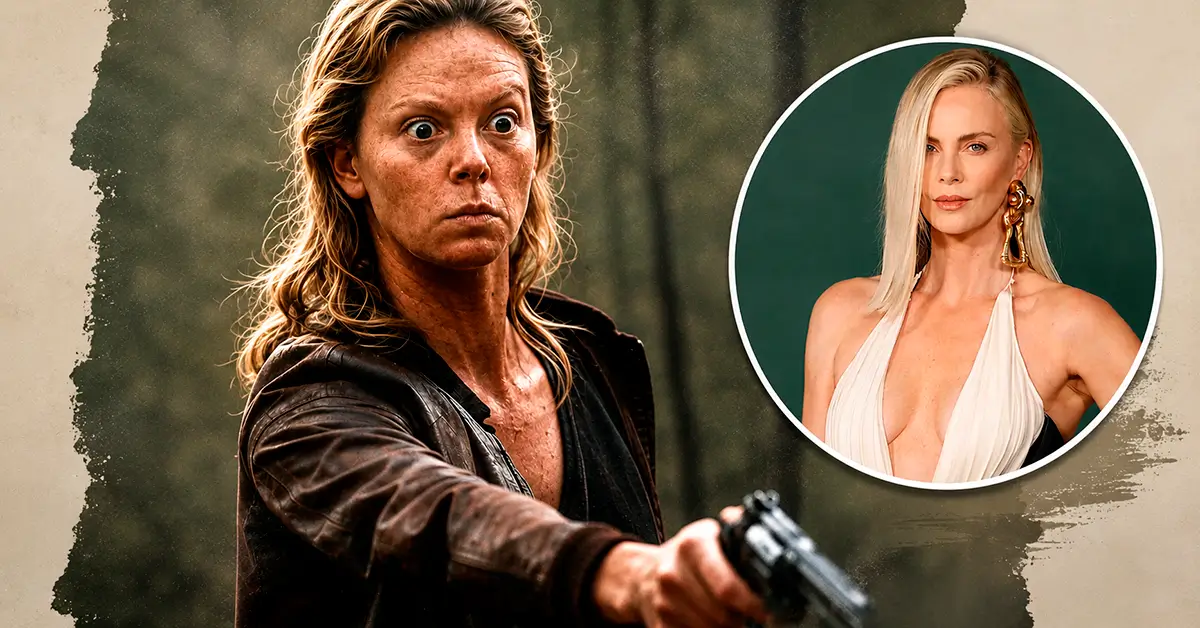 Charlize Theron em montagem editorial comparando sua transformação física em Monster: Desejo Assassino com aparição glamourosa no tapete vermelho.