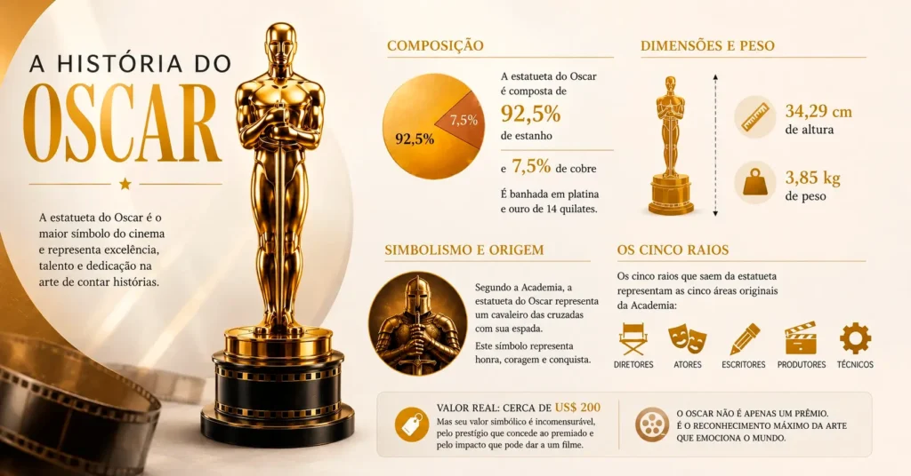 Infográfico editorial sobre a história do Oscar com estatueta dourada e informações sobre composição, peso, dimensões e simbolismo da premiação da Academia.