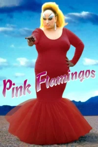 poster de pink flamingos Pôster do filme Pink Flamingos com Divine como Babs Johnson, vestida de vermelho e apontando uma arma no deserto.