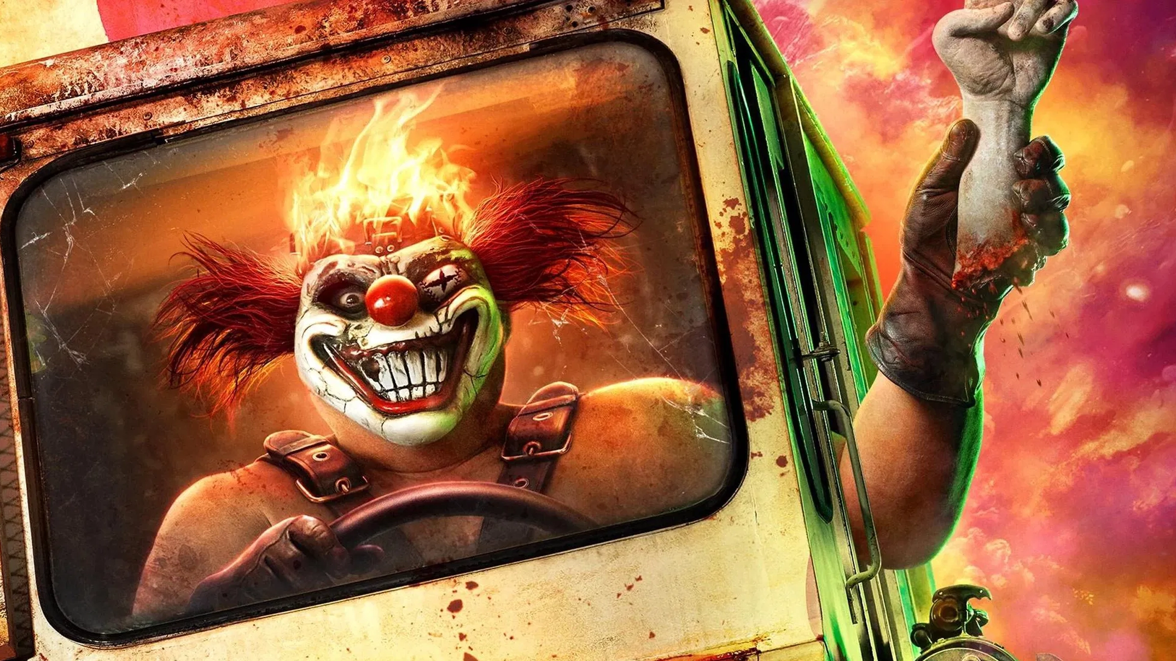 Palhaço com cabelo em chamas dirige caminhão ensanguentado em imagem promocional da 2ª temporada de Twisted Metal na HBO Max.
