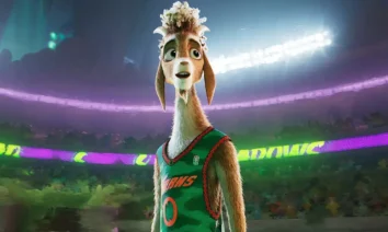 Personagem protagonista de Um Cabra Bom De Bola, uma cabra antropomórfica usando uniforme de futebol verde e laranja, em estádio lotado com iluminação roxa e verde