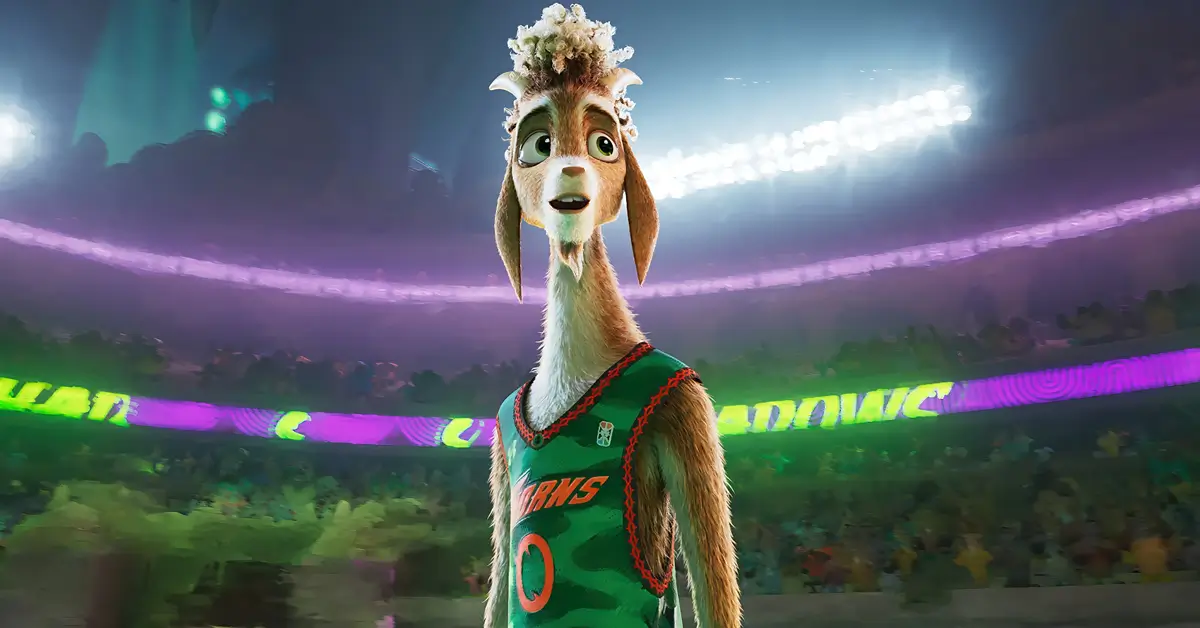 Personagem protagonista de Um Cabra Bom De Bola, uma cabra antropomórfica usando uniforme de futebol verde e laranja, em estádio lotado com iluminação roxa e verde