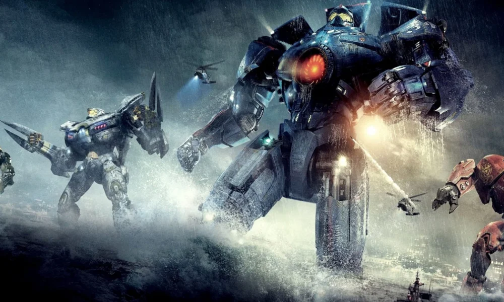 Robôs gigantes Jaegers avançam no oceano durante batalha épica em imagem promocional do filme Círculo de Fogo (2013), dirigido por Guillermo del Toro