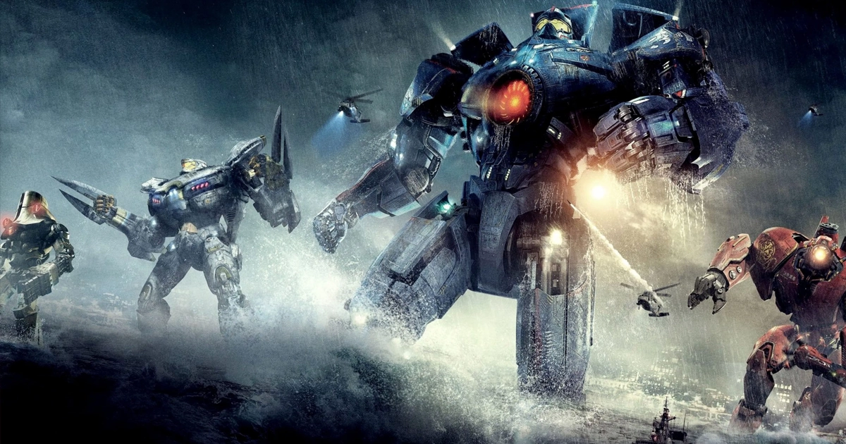 Robôs gigantes Jaegers avançam no oceano durante batalha épica em imagem promocional do filme Círculo de Fogo (2013), dirigido por Guillermo del Toro