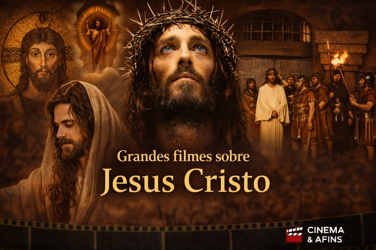 Montagem com cenas de filmes clássicos e modernos sobre Jesus Cristo no cinema