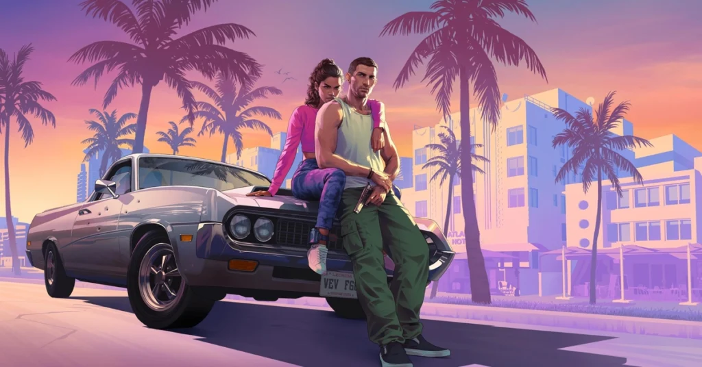 magem promocional de GTA VI mostra os protagonistas Lucia e seu parceiro sentados em um carro clássico, com cenário de Vice City ao fundo, repleto de palmeiras e prédios em estilo art déco ao pôr do sol.