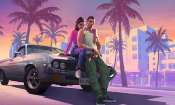 magem promocional de GTA VI mostra os protagonistas Lucia e seu parceiro sentados em um carro clássico, com cenário de Vice City ao fundo, repleto de palmeiras e prédios em estilo art déco ao pôr do sol.