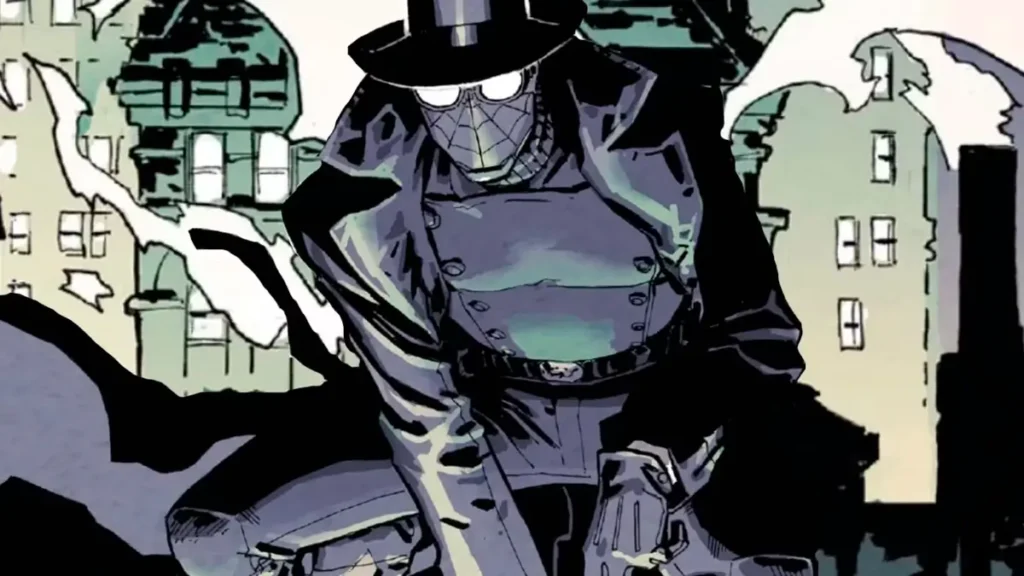 Homem-Aranha Noir patrulha os becos de uma Nova York decadente nos anos 1930 Ilustração do Homem-Aranha Noir usando sobretudo, luvas e chapéu, em meio a prédios em ruínas durante a Grande Depressão.