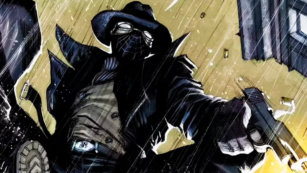 Homem-Aranha Noir armado em cena sombria Homem-Aranha Noir apontando armas em meio à chuva, usando sobretudo e chapéu
