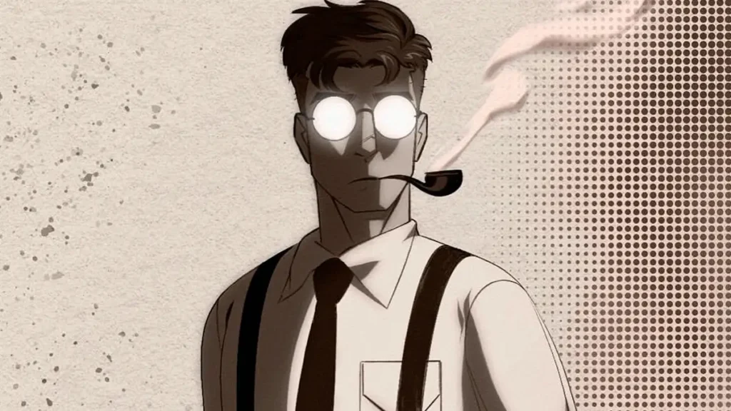 Fanart do Peter Parker no universo Homem-Aranha Noir Ilustração em estilo noir de Peter Parker, com óculos redondos refletindo luz, fumando cachimbo, vestindo camisa branca, gravata e suspensórios.