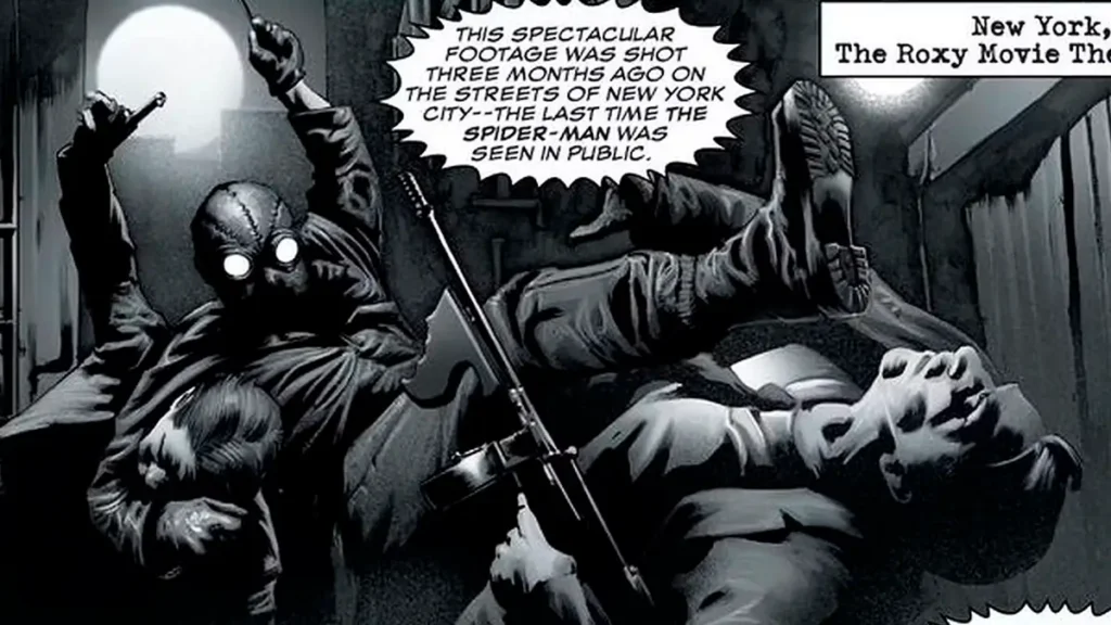 Homem-Aranha Noir: um herói sombrio e violento Painel em preto e branco mostrando o Homem-Aranha Noir atacando dois criminosos com brutalidade nas ruas de Nova York.