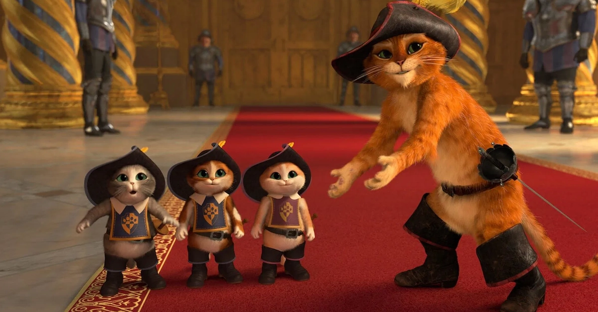 Cena do curta-metragem O Gato de Botas: Os Três Diabos mostrando o Gato de Botas com três gatinhos em um palácio