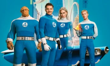 Quarteto Fantástico Primeiros Passos 2025 elenco foto promocional Pedro Pascal Vanessa Kirby Ebon Moss-Bachrach Joseph Quinn uniformes azuis