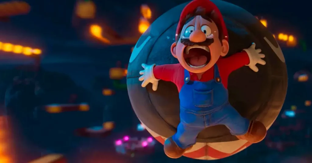 Mario gritando enquanto é carregado por um projétil no filme de animação Super Mario Bros. O Filme (2023)