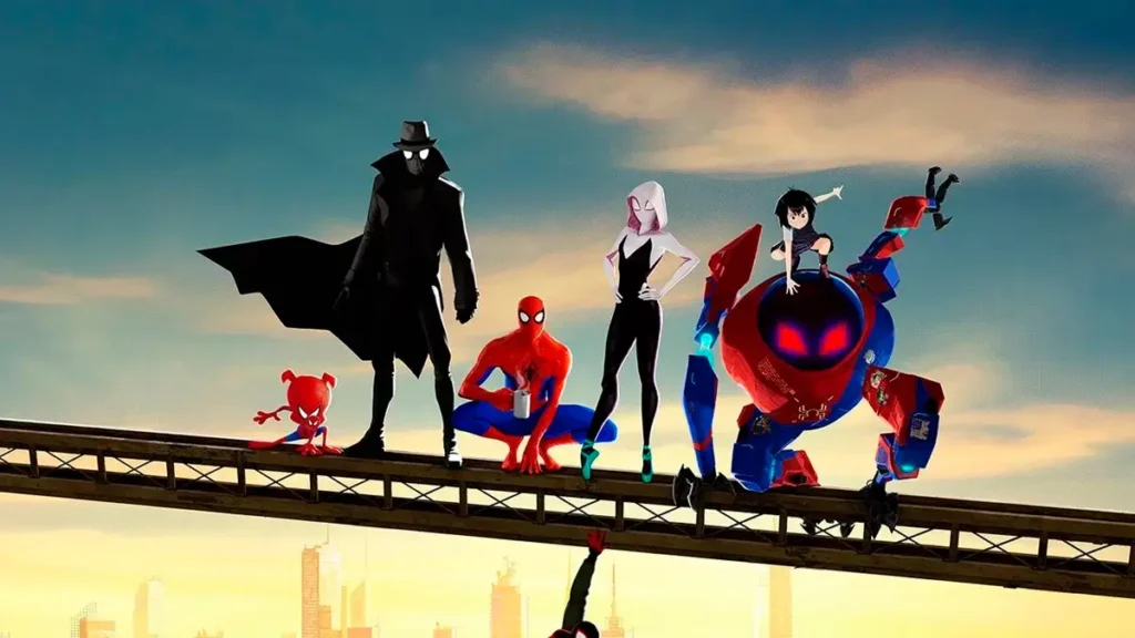Homem-Aranha Noir em Homem-Aranha no Aranhaverso (2018) Homem-Aranha Noir e outras versões do herói em cima de uma viga no filme Homem-Aranha no Aranhaverso (2018).