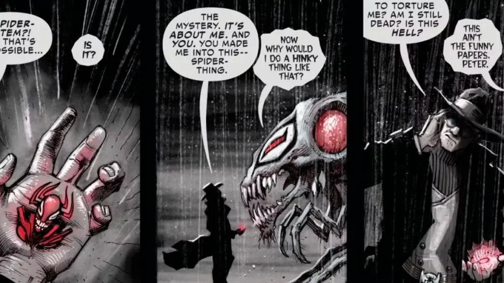 A Aranha Mística no universo Spider-Man Noir Painel de quadrinhos mostrando Peter Parker Noir interagindo com uma aranha mística gigante de olhos vermelhos, em uma cena sombria e chuvosa.