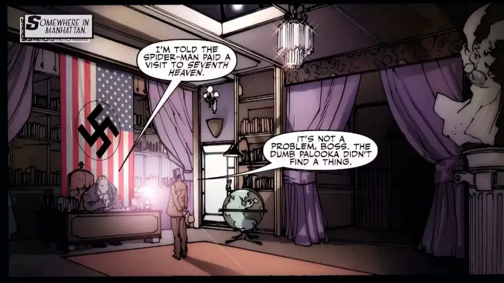 Homem-Aranha Noir enfrenta o nazismo em quadrinho sombrio Cena do quadrinho Homem-Aranha Noir com personagens em sala decorada com símbolos nazistas e bandeira americana modificada