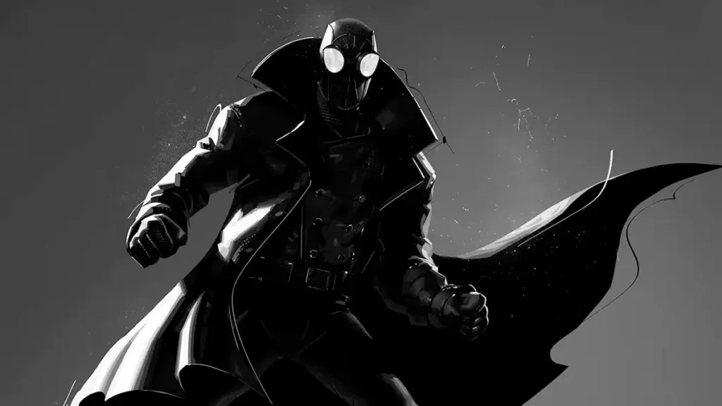 O uniforme sombrio e tático do Homem-Aranha Noir Homem-Aranha Noir com seu uniforme preto e capa esvoaçante, em pose ameaçadora sob iluminação dramática.