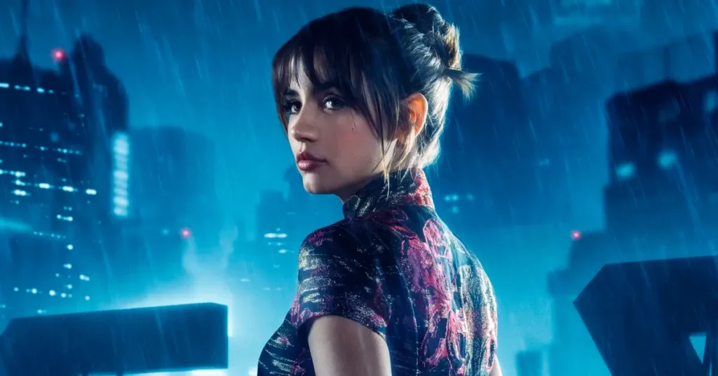 Ana de Armas como Joi sob a chuva em cena futurista do filme Blade Runner 2049.