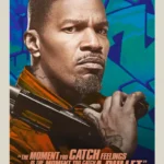 Pôster do filme "Em Ritmo de Fuga" (Baby Driver) com Jamie Foxx segurando uma arma.