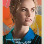 Lily James como Debora no pôster de Baby Driver (2017), com expressão reflexiva e fundo grafitado em tons quentes.