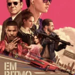 Cartaz estilizado de “Em Ritmo de Fuga” com Ansel Elgort, Lily James, Jamie Foxx, Kevin Spacey, Jon Hamm e Eiza González em destaque.