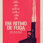 Pôster brasileiro de “Em Ritmo de Fuga” com carro formando o cano de uma pistola estilizada.