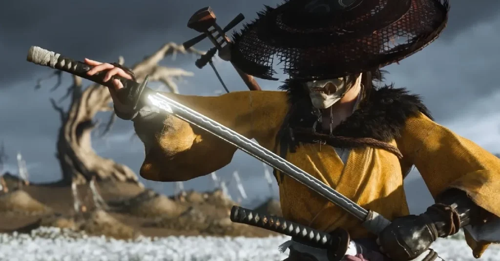 ghost of yotei combate Atsu empunha sua katana em pose de combate em Ghost of Yōtei, jogo exclusivo do PlayStation 5.