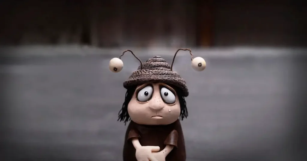 Grace Pudel, personagem de massinha com olhos tristes e gorro de lã, em cena do filme Memórias de um Caracol.