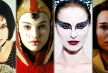 : melhores momentos da carreira de Natalie Portman Montagem com Natalie Portman em quatro papéis icônicos: Mathilda em O Profissional, Padmé Amidala em Star Wars, Nina em Cisne Negro e Jackie Kennedy em Jackie.