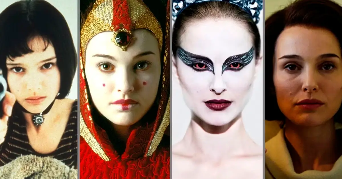 : melhores momentos da carreira de Natalie Portman Montagem com Natalie Portman em quatro papéis icônicos: Mathilda em O Profissional, Padmé Amidala em Star Wars, Nina em Cisne Negro e Jackie Kennedy em Jackie.