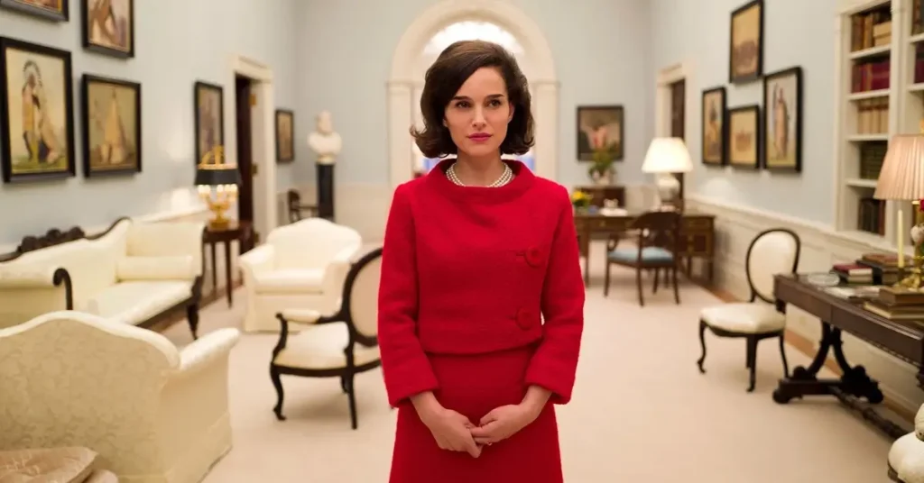 natalie portman jackie Natalie Portman caracterizada como Jacqueline Kennedy, usando um conjunto vermelho, em cena do filme Jackie (2016).