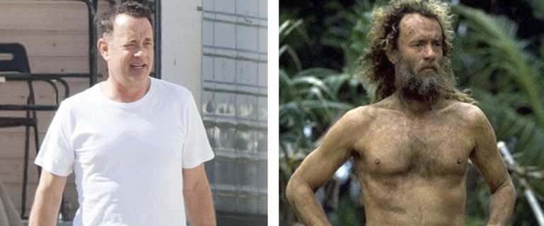 Transformação física de Tom Hanks antes e depois das filmagens do filme Náufrago (2000), mostrando o ator com aparência saudável e depois magro e barbudo, após perder cerca de 25 quilos para o papel.