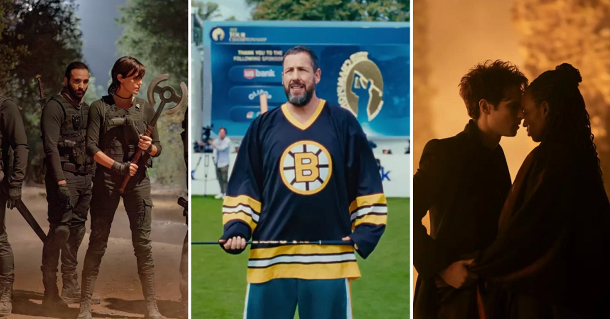 Montagem com cenas de The Old Guard 2, Um Maluco no Golfe 2 e a 2ª temporada de Sandman, lançamentos da Netflix em julho de 2025.