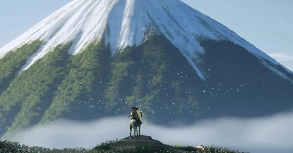 o que e ghost of yotei Samurai mulher a cavalo observa o Monte Yōtei coberto de neve em cena do jogo Ghost of Yōtei.