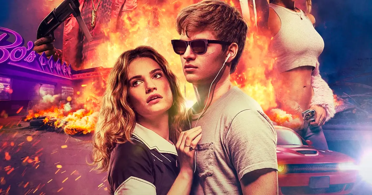 Os primeiros cartazes de “Em Ritmo de Fuga” destacam Ansel Elgort e Lily James em meio a explosões e ação intensa.